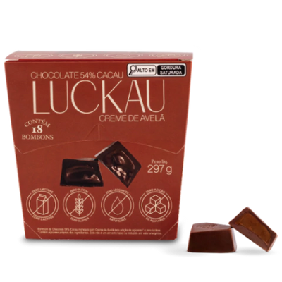 Display Bombom Chocolate 54% Cacau recheado com creme de Avelã - Zero Adição de Açúcares, Lactose e Glúten - Luckau - 18 unidades - 198g total