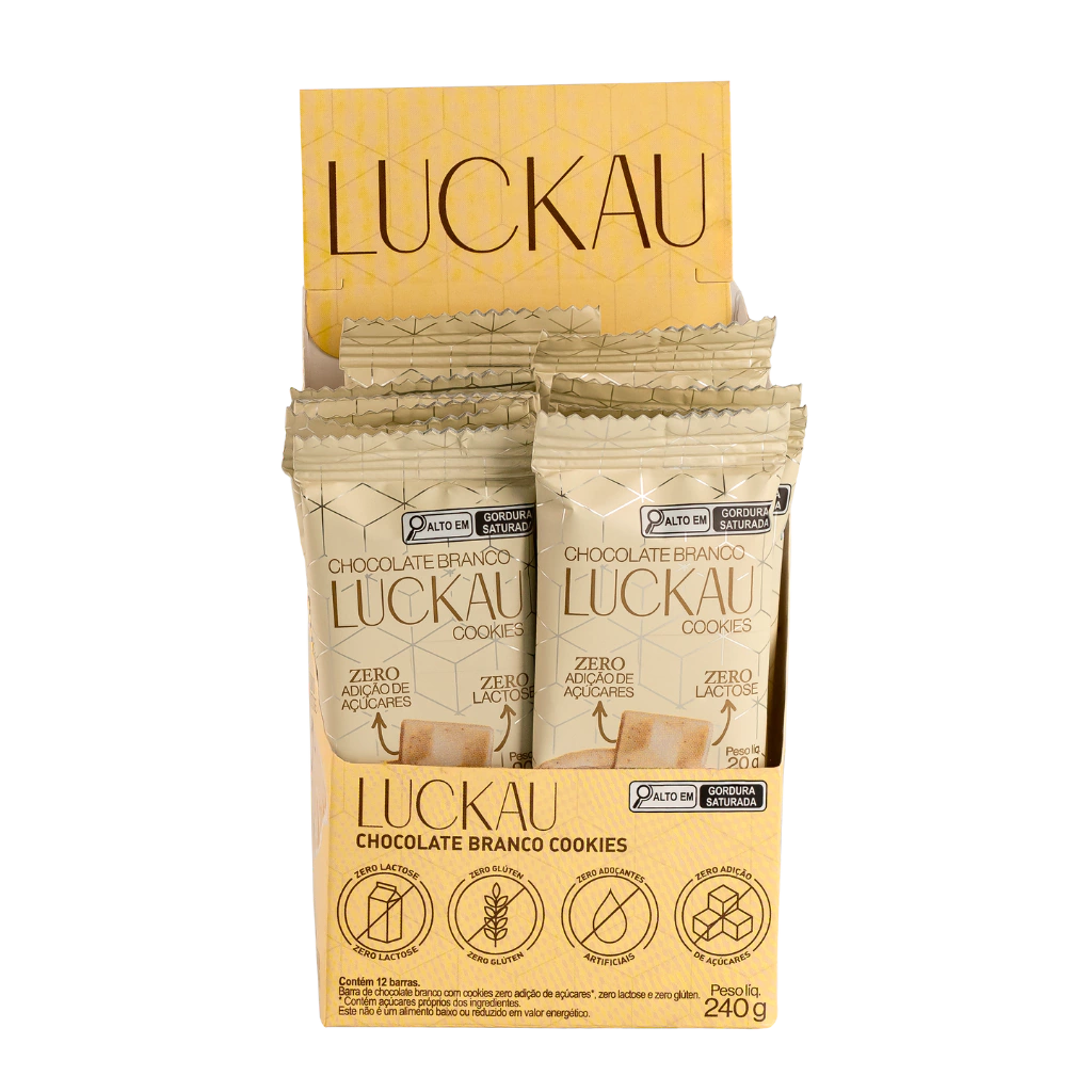 Display Barras Chocolate Branco com pedaços de cookies - Zero Adição de Açúcares, Lactose e Glúten - Luckau - 12 unidade