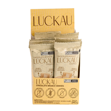 Display Barras Chocolate Branco com pedaços de cookies - Zero Adição de Açúcares, Lactose e Glúten - Luckau - 12 unidade