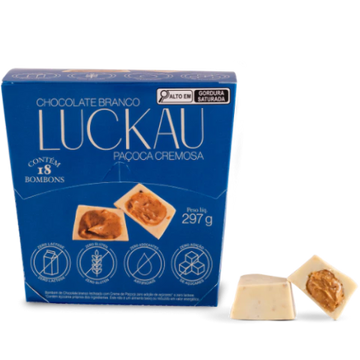Display Bombom Chocolate Branco recheado com creme de Paçoca Cremosa - Zero Adição de Açúcares, Lactose e Glúten - Luckau - 18 unidades - 198g total
