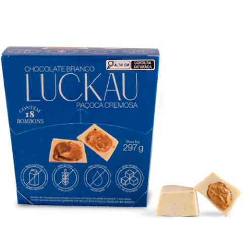 Display Bombom Chocolate Branco recheado com creme de Paçoca Cremosa - Zero Adição de Açúcares, Lactose e Glúten - Luckau - 18 unidades - 198g total