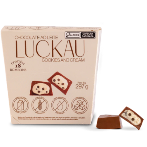 Display Bombom Chocolate Ao Leite recheado com creme de Cookies and Cream - Zero Adição de Açúcares, Lactose e Glúten - Luckau - 18 unidades - 198g total