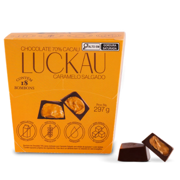 Display Bombom Chocolate 70% Cacau recheado com creme de Caramelo Salgado - Zero Adição de Açúcares, Lactose e Glúten -