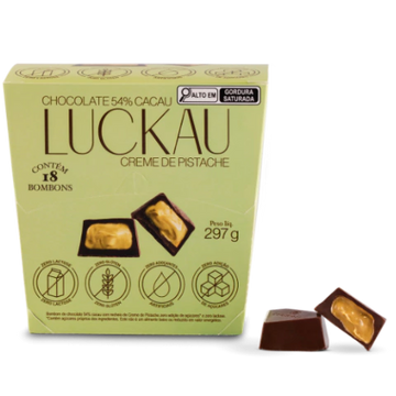 Display Bombom Chocolate 54% Cacau recheado com creme de Pistache - Zero Adição de Açúcares, Lactose e Glúten - Luckau - 18 unidades - 198g total