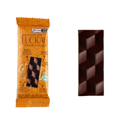Display Barras Chocolate 70% Cacau Caramelo Salgado Vegana - Zero Adição de Açúcares, Lactose e Glúten - Luckau - 12 uni - imagem 2
