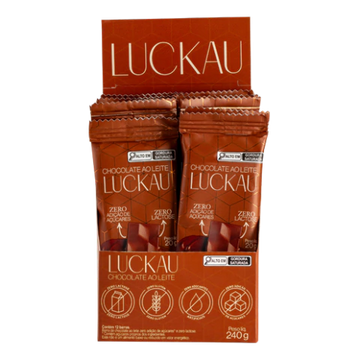 Display Barras Chocolate Ao Leite - Zero Adição de Açúcares, Lactose e Glúten - Luckau - 12 unidades de 20g - 240g total