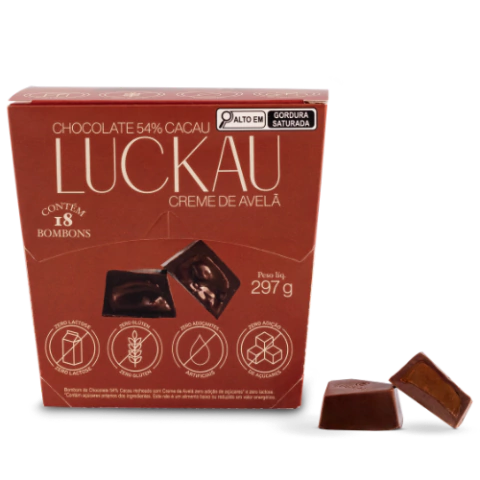 Display Bombom Chocolate 54% Cacau recheado com creme de Avelã - Zero Adição de Açúcares, Lactose e Glúten - Luckau - 18 unidades - 198g total