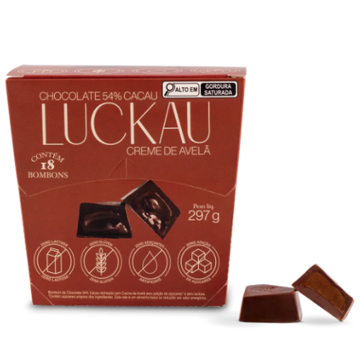 Display Bombom Chocolate 54% Cacau recheado com creme de Avelã - Zero Adição de Açúcares, Lactose e Glúten - Luckau - 18 unidades - 198g total