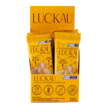 Display Barras Chocolate Branco Maracujá - Zero Adição de Açúcares, Lactose e Glúten - Luckau - 12 unidades de 20g - 240g total