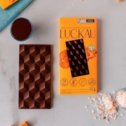Barra Chocolate 70% Cacau Caramelo Salgado Vegana - Zero Adição de Açúcares, Lactose e Glúten - Luckau - 75g - imagem 3