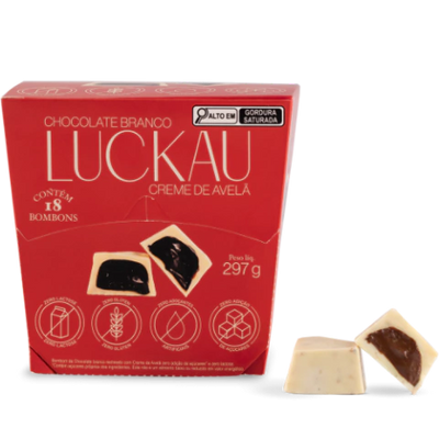 Display Bombom Chocolate Branco recheado com creme de Avelã - Zero Adição de Açúcares, Lactose e Glúten - Luckau - 18 unidades - 198g total