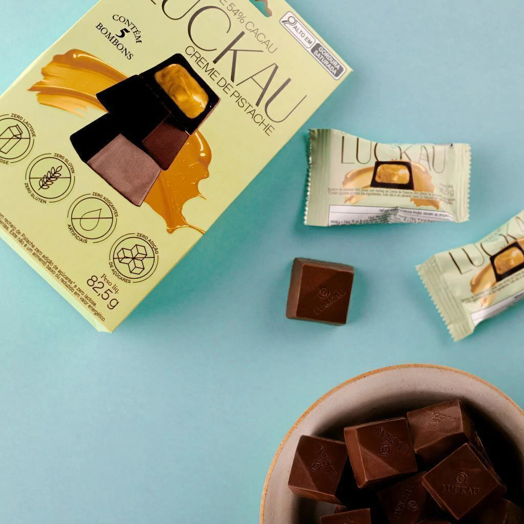 Pouch Bombom Chocolate 54 Cacau recheado com creme de Pistache - Zero Adição de Açúcares, Lactose e Glúten - Luckau - 5 - imagem 4