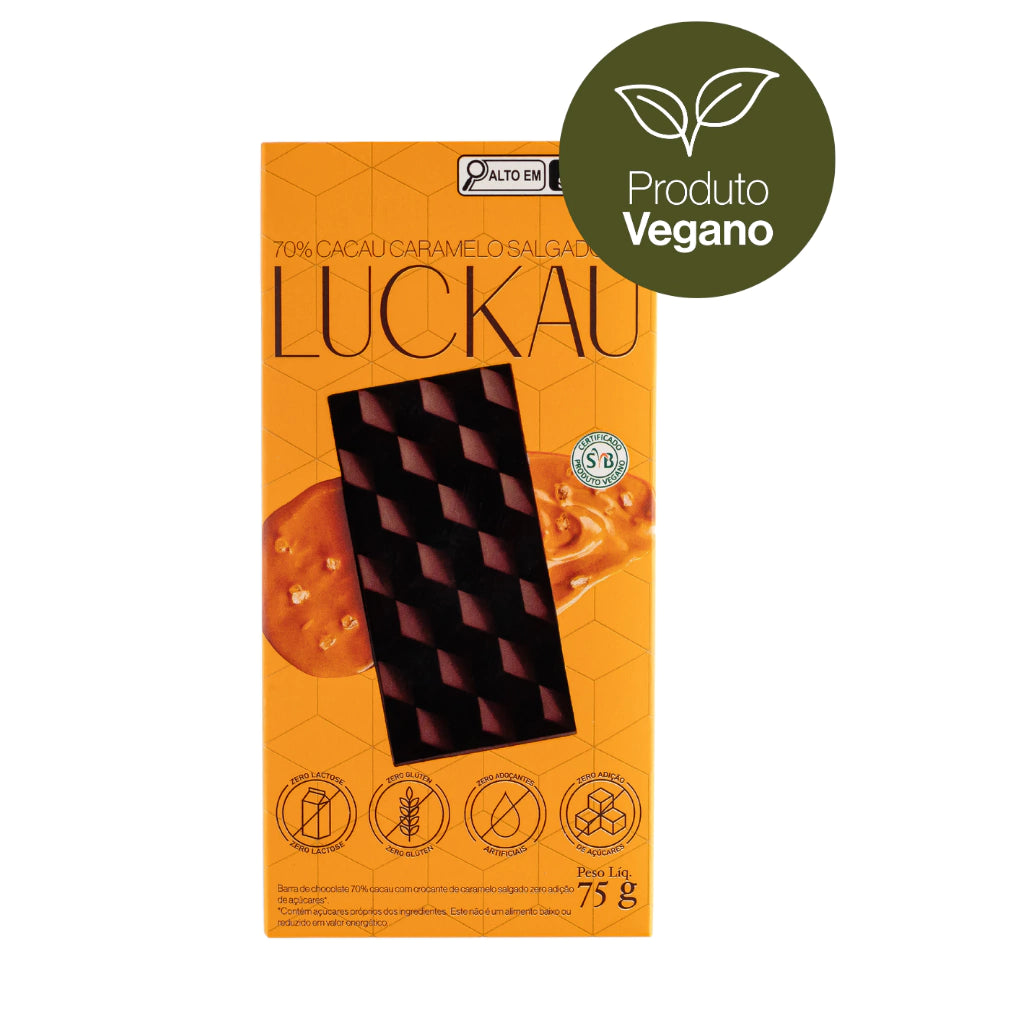 Barra Chocolate 70% Cacau Caramelo Salgado Vegana - Zero Adição de Açúcares, Lactose e Glúten - Luckau - 75g