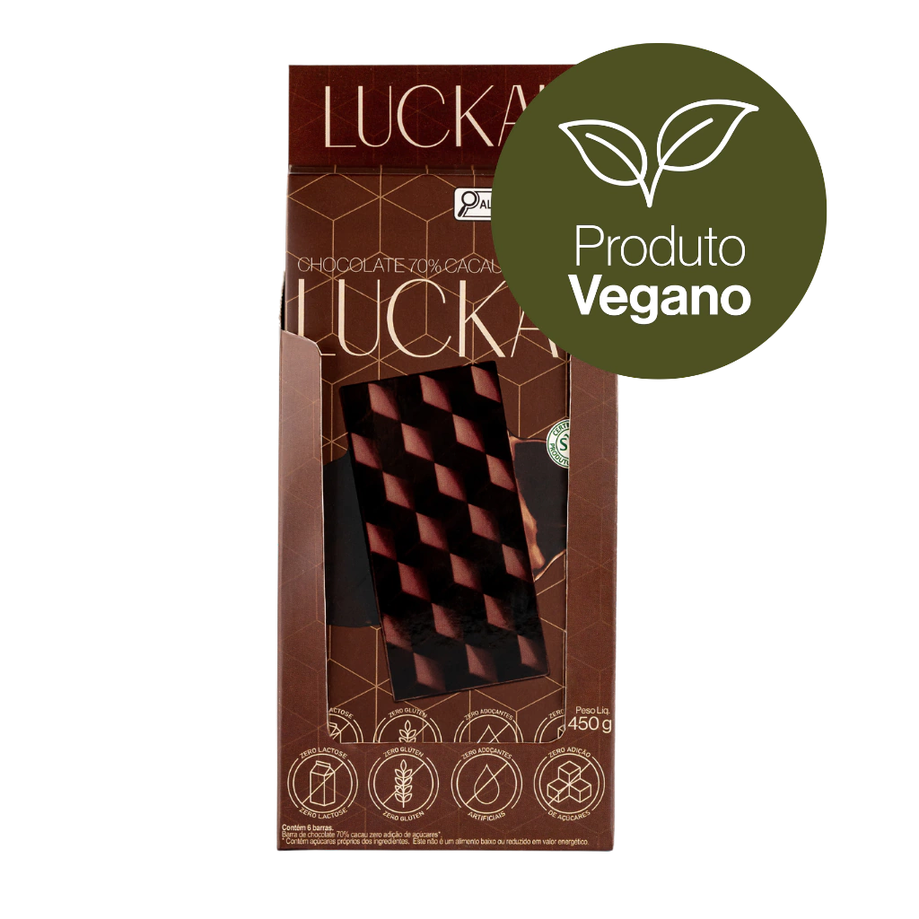 Display Barras Chocolate 70% - Zero Adição de Açúcares, Lactose e Glúten - Luckau - 6 unidades de 75g - 450g