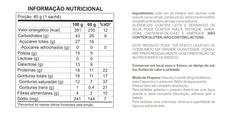 Capuccino em Pó - Zero Adição de Açúcares, Lactose e Glúten - Luckau - 60g - imagem 5