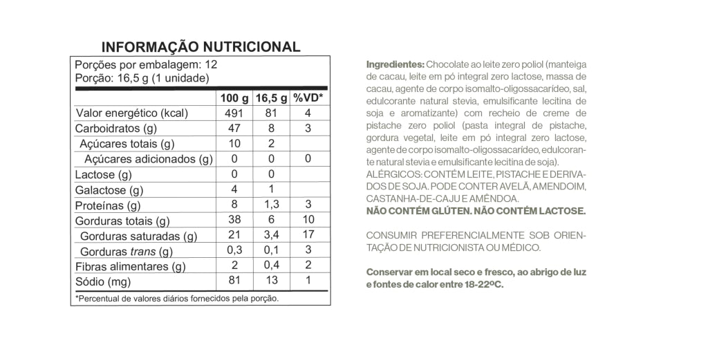 Display Barra Chocolate Ao Leite recheada com creme de Pistache - Zero Poliol, Zero Adição de Açúcares, Lactose e Glúten - imagem 5