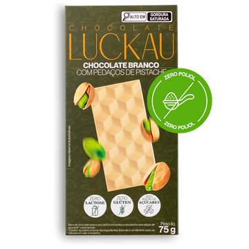 Barra Chocolate Branco com pedaços de Pistache - Zero Adição de Açúcares, Lactose e Glúten - Luckau - 75g