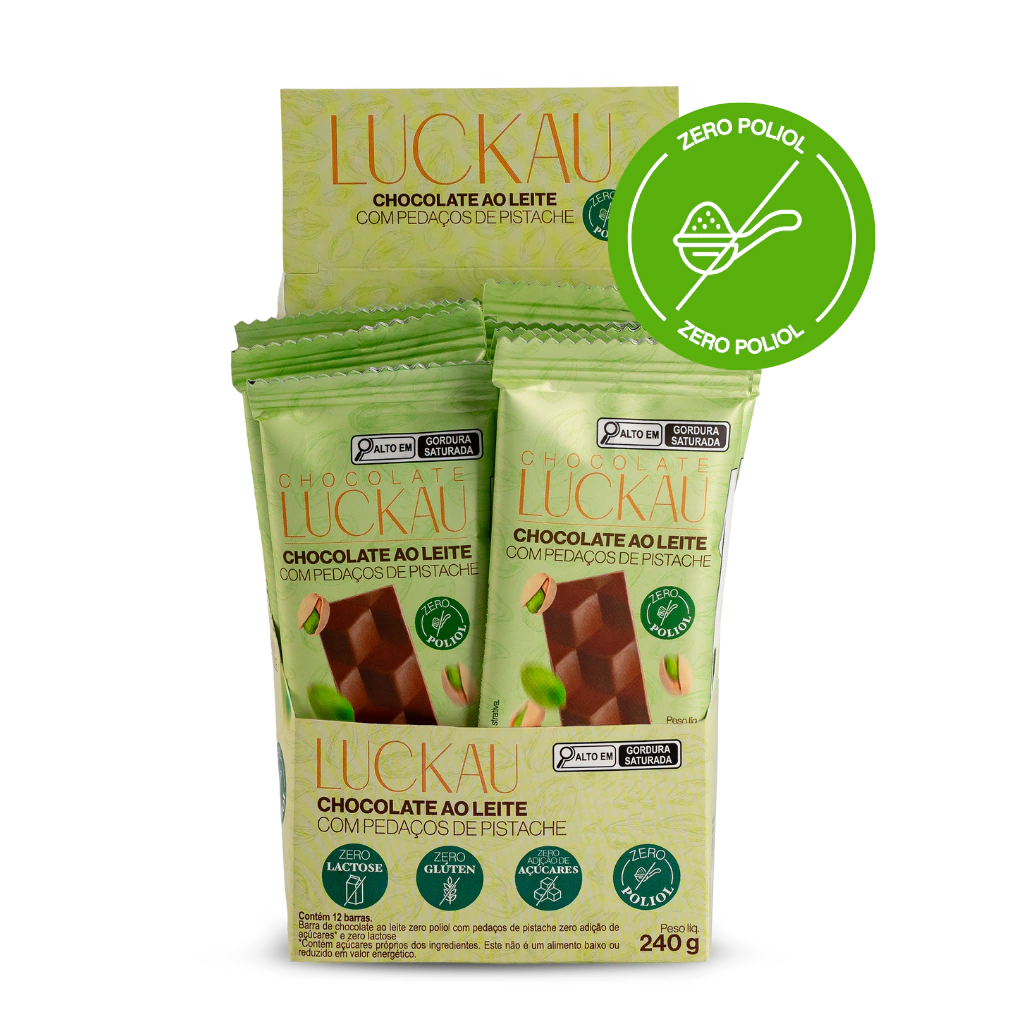 Display Barras Chocolate Ao Leite com pedaços de Pistache - Zero Adição de Açúcares, Lactose e Glúten - Luckau - 12 unid