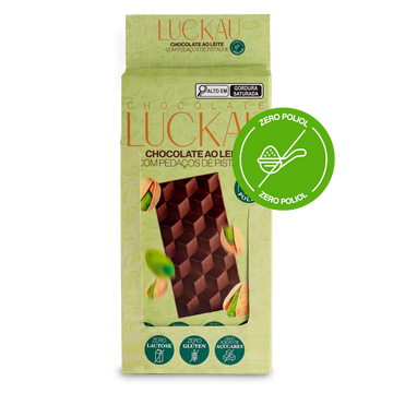 Display Barras Chocolate Ao Leite com pedaços de Pistache - Zero Adição de Açúcares, Lactose e Glúten - Luckau - 6 unida